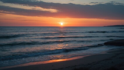 Twilight Over Serene Ocean Landscape with Subtle Waves and Gradual Sunset Reflections in Cool Tones