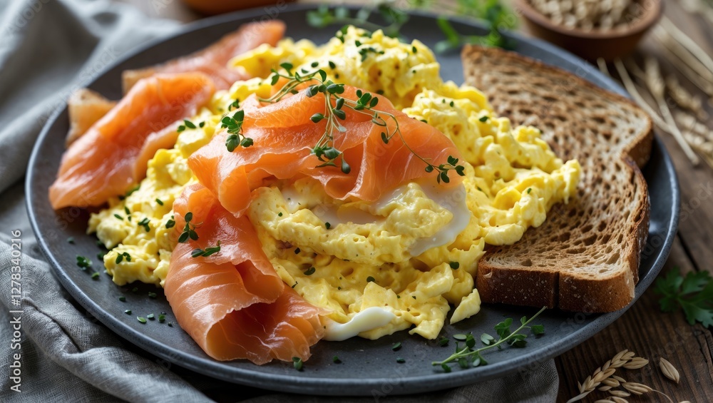 Poster scrambled eggs topped with smoked salmon served with whole wheat toast on a rustic plate with space 