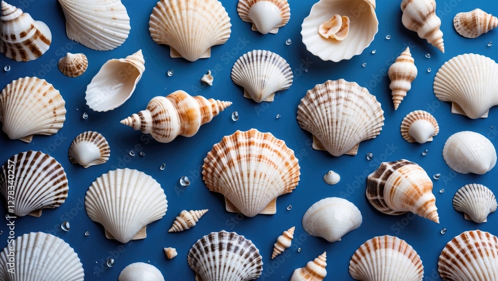 Poster assorted sea shells displayed on vibrant blue background with water droplets and space for text or d