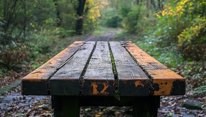 Rustic park bench, autumnal forest path