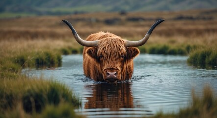 Scottish Highland Cow Wades Through Calm Water in Meadow Surrounded by Lush Greenery Creating Ideal Copy Space for Text