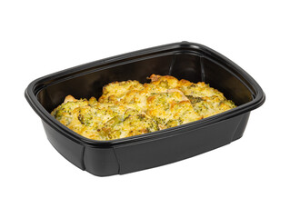 A black plastic container filled with food on a white background