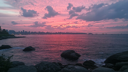 Sunset in ocean, pink clouds in sky with shining sun above sea with rocks sticking up of water and city lights on opposite shore, nature landscape background, evening view. Cartoon vector illustration