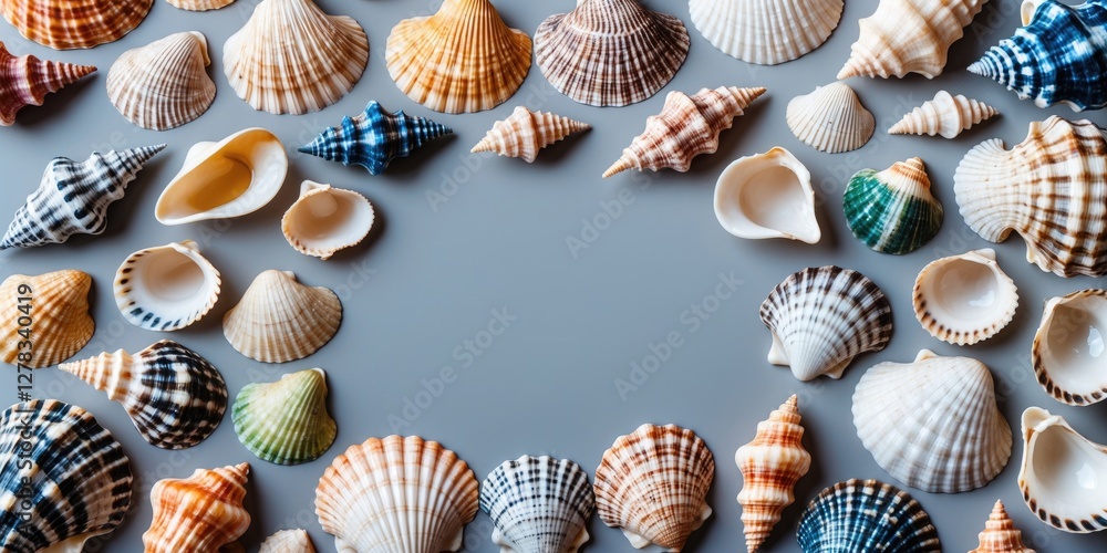 Poster colorful variety of sea shells on gray surface with empty space for text or design