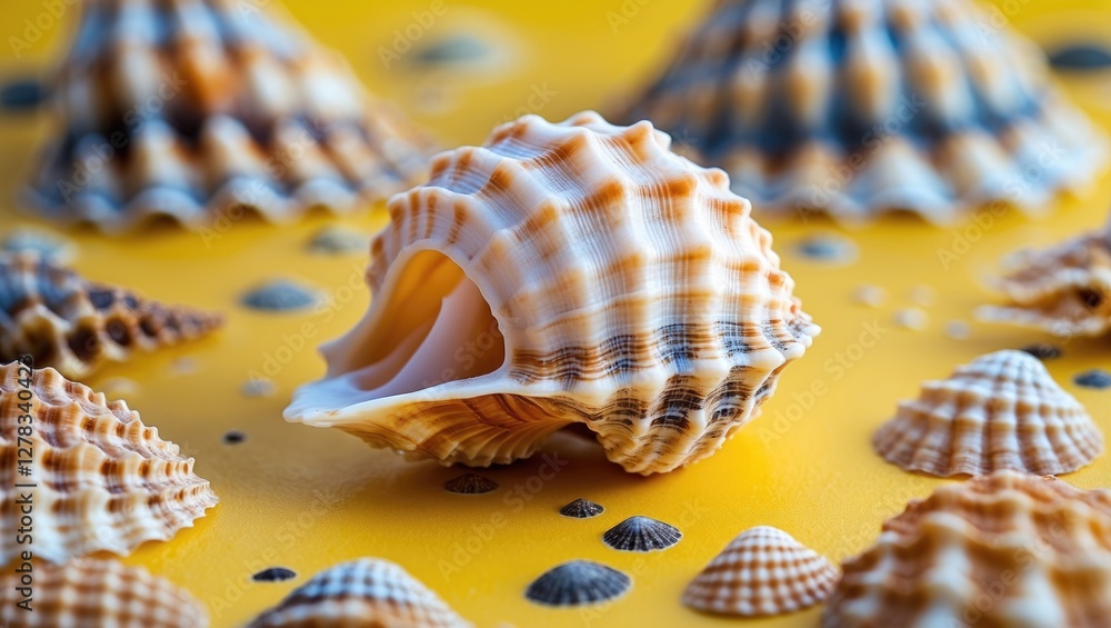 Aufkleber seashell arrangement on vibrant yellow background with textured details and various shell shapes