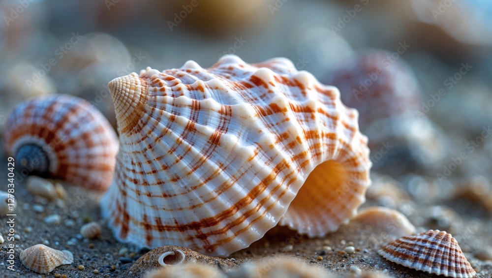 Poster close-up of a beautifully patterned sea shell on sandy beach with other shells in the background cre
