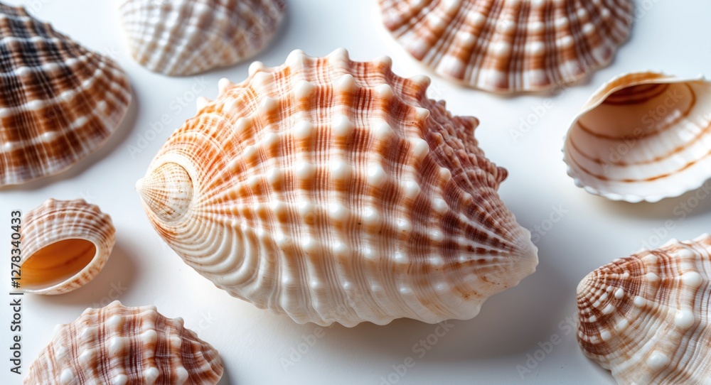 Poster beautiful sea shells arranged gracefully on white background capturing intricate patterns and textur