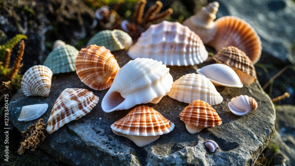Poster collection of colorful sea shells arranged on a stone surface with natural light and empty space for