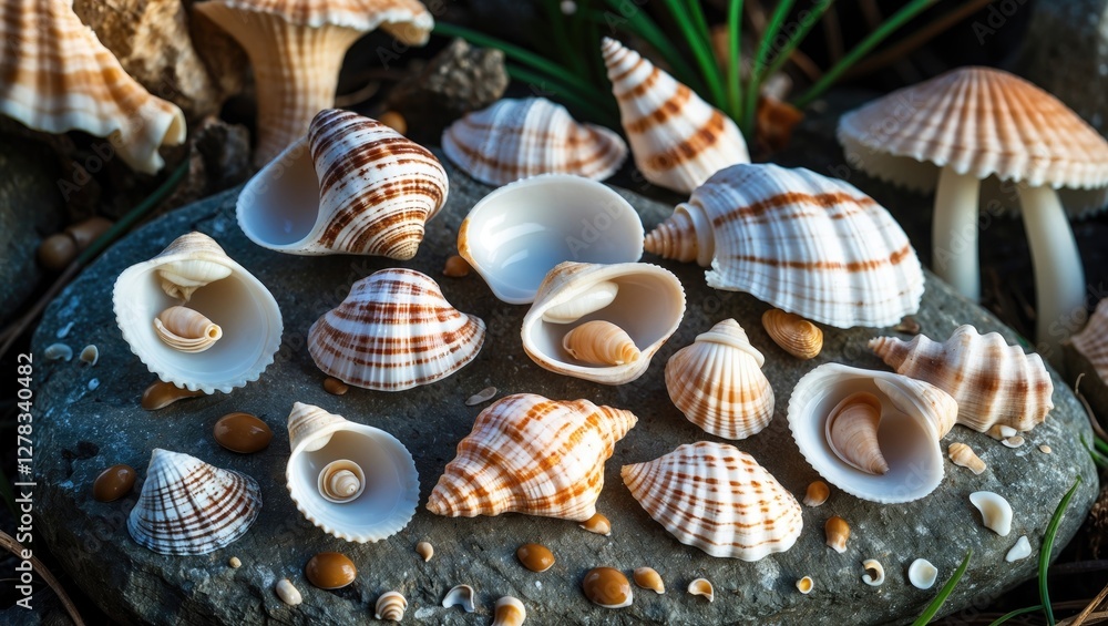 Poster sea shells of various types arranged on a stone surface with natural light and surrounding greenery,