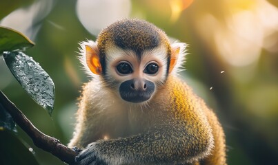 Obraz premium Cute little squirrel monkey sitting on tree branch in tropical rainforest, nature photography with bokeh background. 