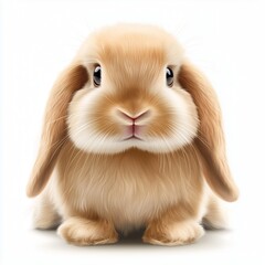 Fototapeta premium Realistic illustration of a lop-eared rabbit with soft light brown fur, long floppy ears, round black eyes, and a small pink nose on a clean white background
