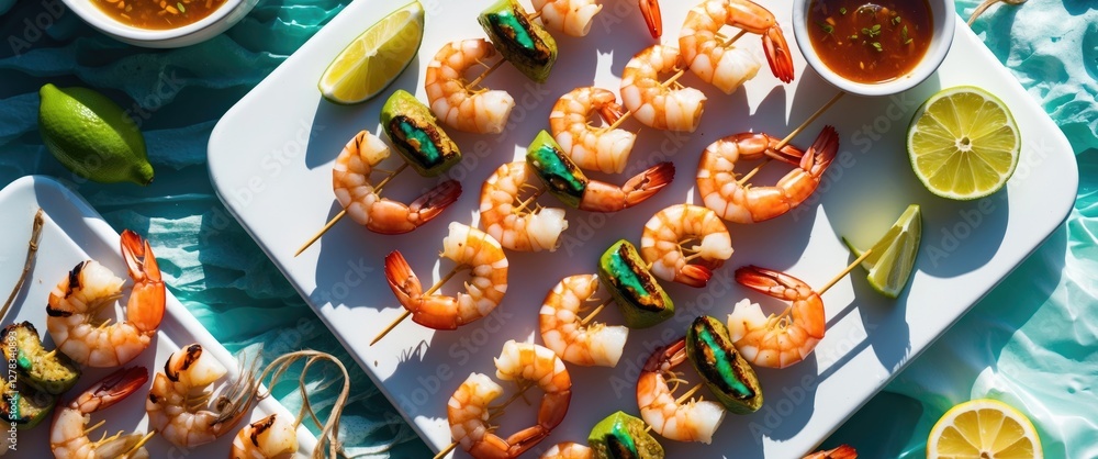 Poster grilled shrimp skewers with lime and lemon slices on a white board over sea background bright sunlig