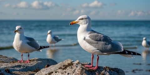 Seagulls on rocky shore with coastal backdrop and clear sky providing space for text or branding elements.