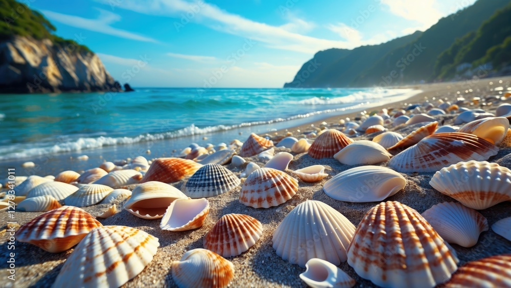 Poster scenic beach landscape featuring a variety of seashells with vibrant ocean backdrop and ample space 