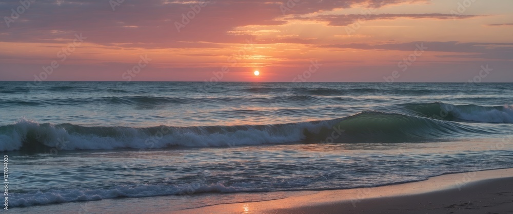 Poster serene seascape at sunset with gentle waves and empty space for text or overlay design