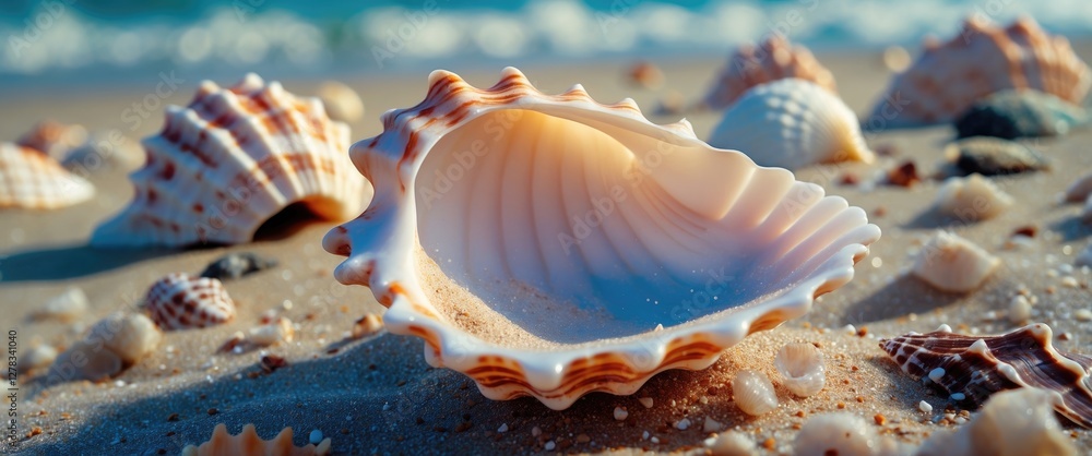 Poster seashells lying on sandy beach with soft ocean waves in the background capturing a serene coastal sc