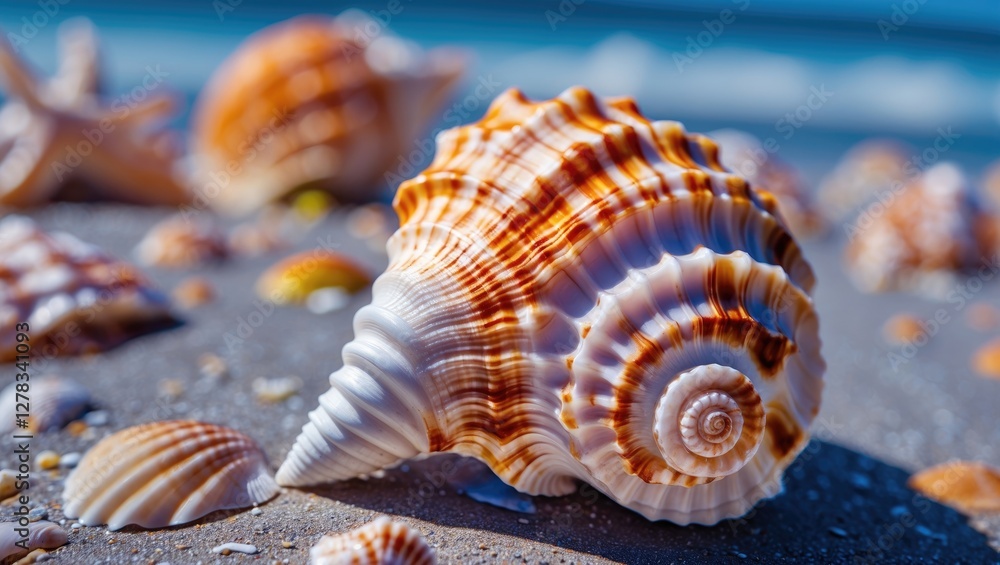 Poster close-up of a colorful seashell on sandy beach with ocean in background and space for text layout