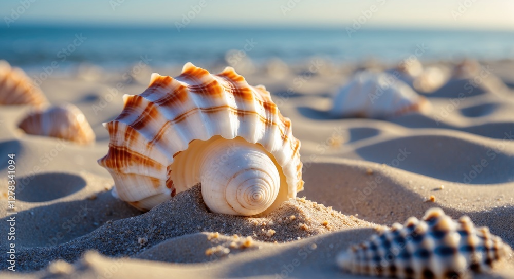 Poster seashells resting on sandy beach with tranquil sea background under soft sunlight creating a serene 