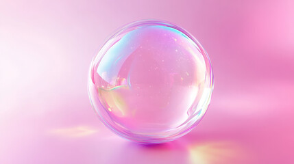 3d pink realistic soap ball transparent vector. Rainbow glass sphere with abstract light reflection. Pastel iridescent bubble isolated design. Laundry wash dreamy orb element in blue and green