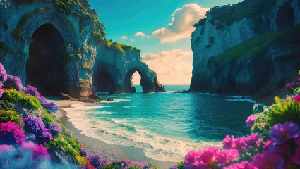 Foto op Plexiglas Vibrant Seascape at Cathedral Cove with Lush Flowers and Rugged Cliffs Under a Blue Sky and Gentle Waves on the Ocean Shoreline © The 2R Artificiality