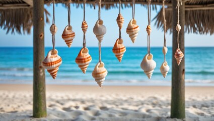 Seashell Decorations Hanging Under Hut with Scenic Beach Background and Calm Blue Sea Ideal for Travel and Relaxation Themes