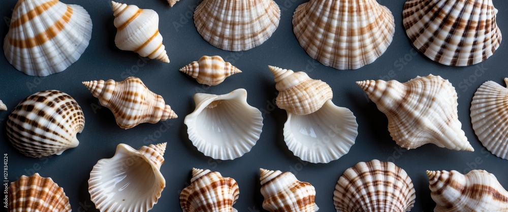 Poster seashells arranged artfully on dark background with space for custom text or graphic overlay