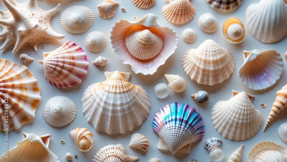 Poster seashells collection displayed on white background with space for text ideal for beach themes or nau