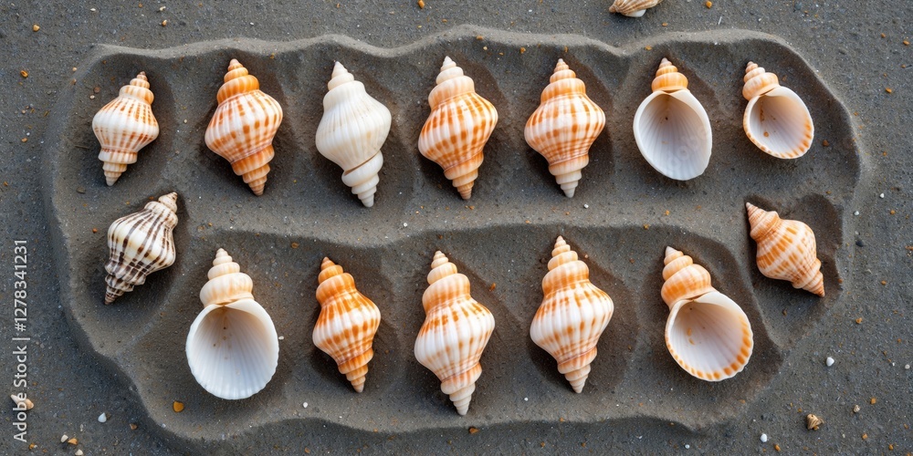 Poster seashells elegantly arranged on beach sand creating a natural pattern with space for text or graphic