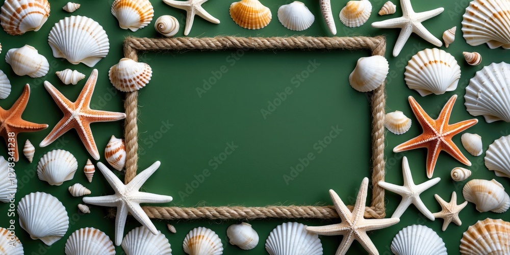 Poster seashells and starfish decorative frame on green background with blank space for text in coastal and