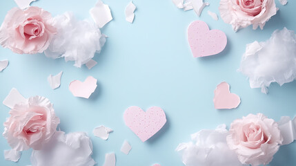Naklejka premium Romantic pink composition with ripped grid notepaper and dotted sheets. Decorated with blooming roses, white heart shapes and cloud elements. Scattered torn pieces for Valentine or wedding cards.