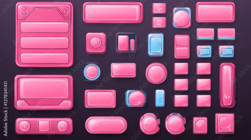 Poster glossy pink boards with buttons for game interface design. vector cartoon set of shiny plastic ui el