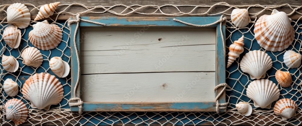 Poster seashells and fish net framed rustic background with blank sign for text or message in coastal theme