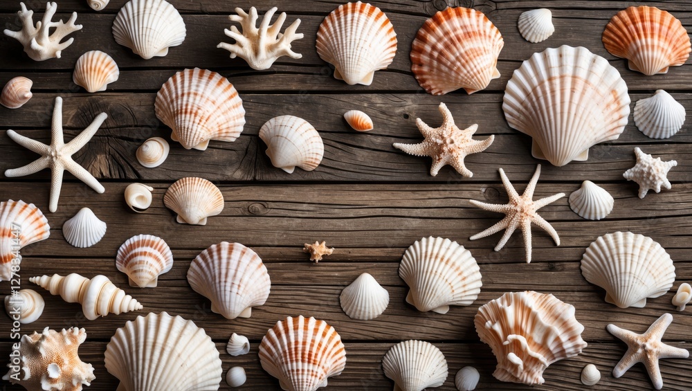 Poster seashells and corals arranged on wooden planks creating a beach vacation background with copy space 