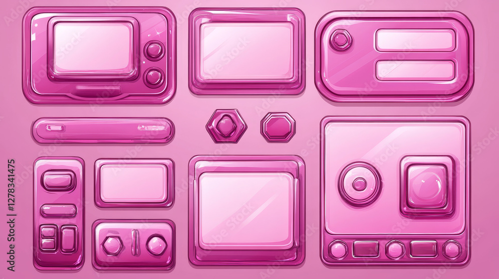 Poster glossy pink boards with buttons for game interface design. vector cartoon set of shiny plastic ui el