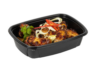 A black plastic food container on a white background