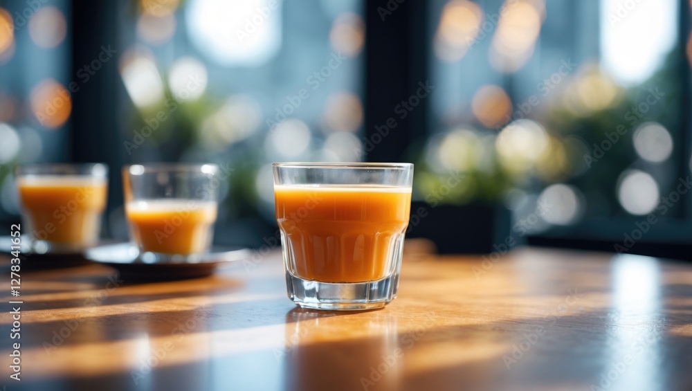 Poster glass of orange coffee on table with bokeh background and soft light in modern cafã© setting
