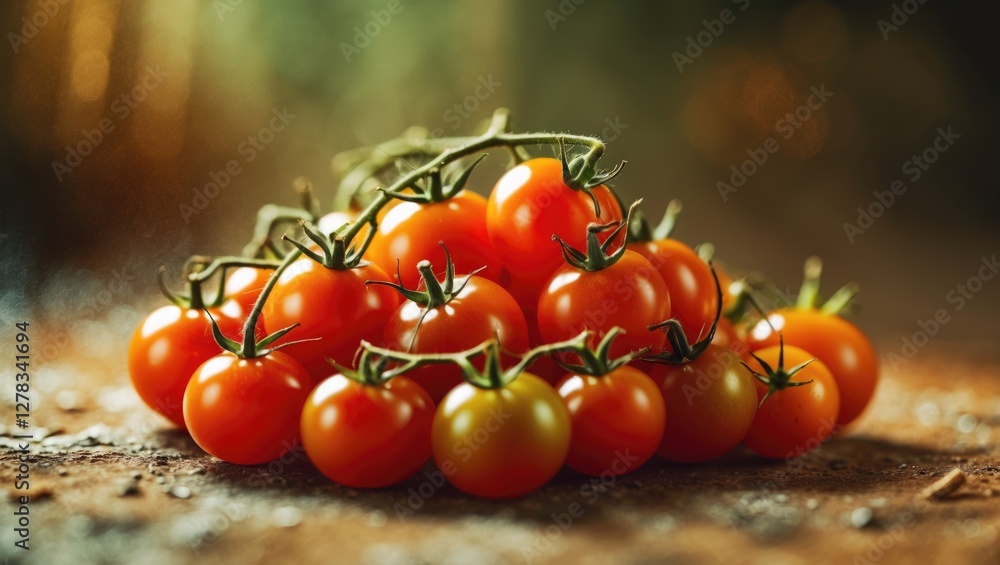 Poster fresh ripe cherry tomatoes piled on table with soft focus background and space for text
