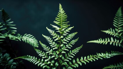 Lush Green Fern Leaves with Selective Focus Against a Dark Background for Natural and Botanical Aesthetic