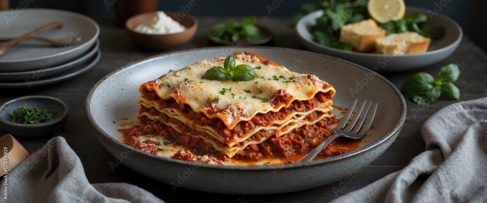 Poster richly layered lasagne served in a round plate with garnishes and accompaniments on a rustic table s