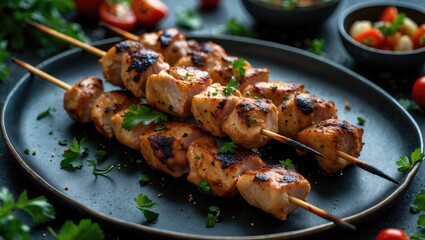 Grilled Chicken Kebabs Garnished with Fresh Herbs on a Dark Plate Surrounded by Colorful Ingredients and Empty Space for Text