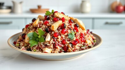 Festive rice salad with pomegranate, cranberries, and grilled poultry on a plate.