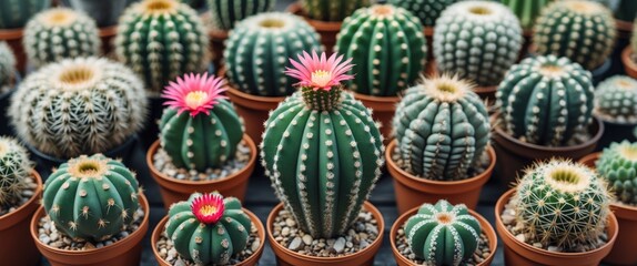 Collection of vibrant cacti in terracotta pots showcasing unique shapes and colors with space for design or text elements.