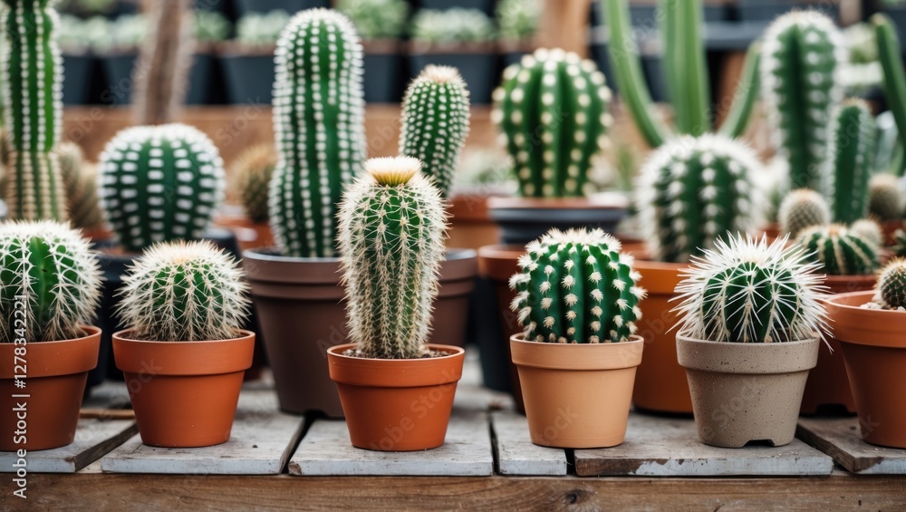 Poster various cactus plants displayed in pots in a nursery setting with natural background and space for b