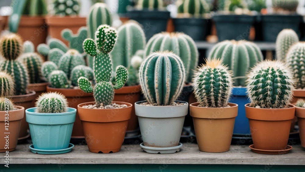 Poster diverse collection of potted cactus plants in a gardening nursery showcasing unique shapes and color
