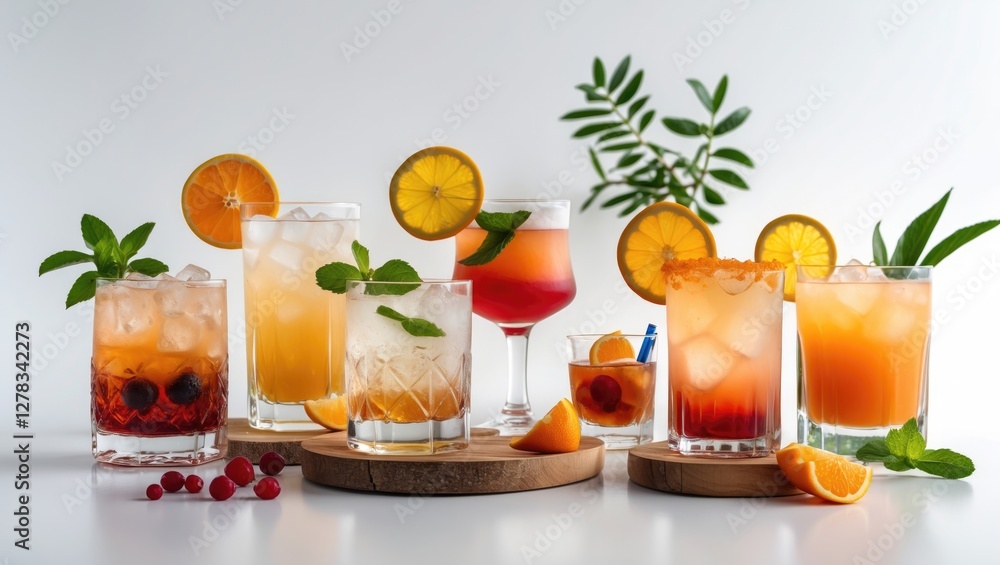Poster colorful array of refreshing cocktails with garnishes on a white background showcasing summer vibes 