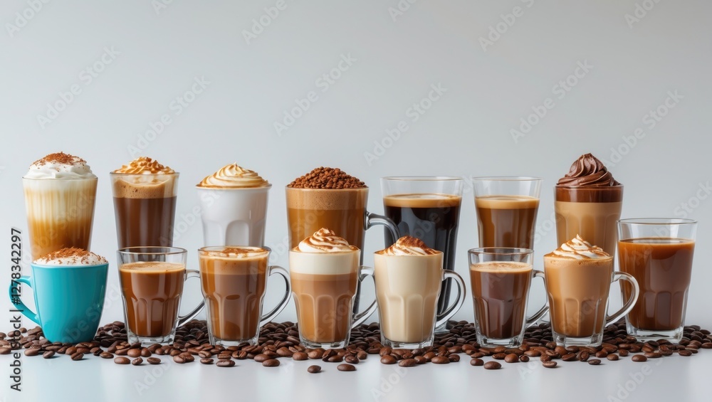 Poster collection of various coffee drinks displayed on white background with empty space for custom text a