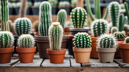 Various Cactus Plants Displayed in Pots in a Nursery Setting with Natural Background and Space for Branding or Text Integration