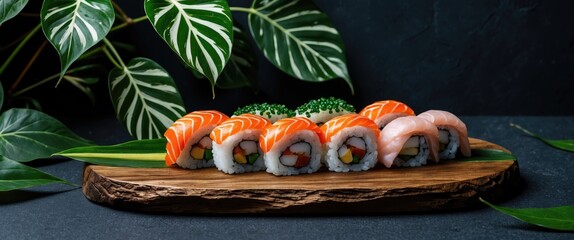 Assorted Sushi Platter on Wooden Board Surrounded by Tropical Green Leaves Against Dark Background