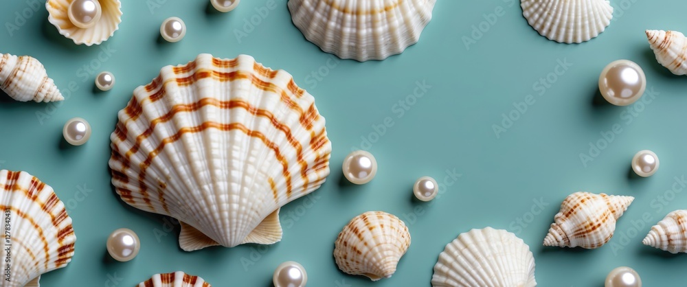 Poster seashells and pearls arranged on a mint blue surface with ample negative space for text and design e