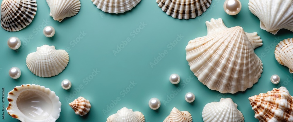Poster seashells and pearls arrangement on mint blue background with space for text or branding use in beac